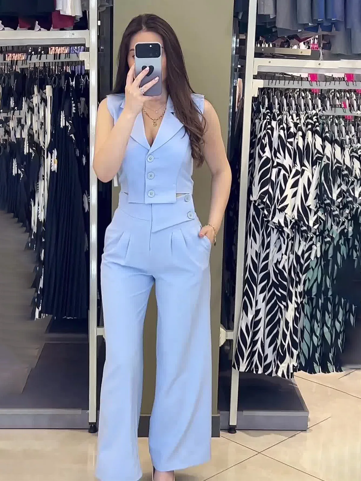 

Women's suit 2024 summer simple fashion casual sleeveless vest V-neck solid color loose broadfoot pants two-piece set