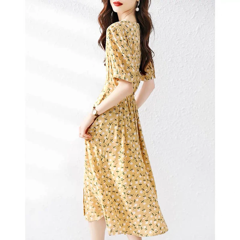 Mode V-Ausschnitt Knopf gedruckt Bandage Puff ärmel Blumen kleid Damen bekleidung Sommer neue lose Büro Dame elegantes Kleid