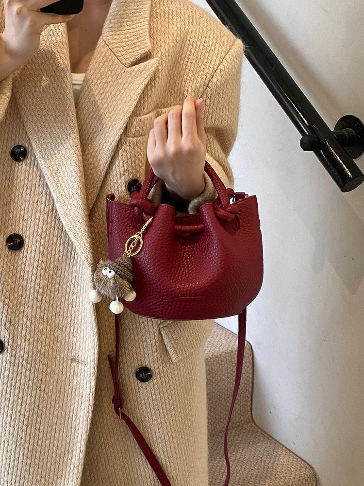 2026 New Mini Bucket Bag for Women Lightweight Crossbody Bag with Plush Charm Casual PU Leather Handbag - view 2