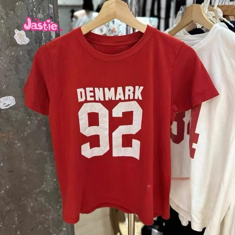 DENMARK 92 Letter Print Red Fashion Women T-shirts New Round Neck Short Sleeve Summer Tees Hot Girl Slim Y2K Streetwear Tops