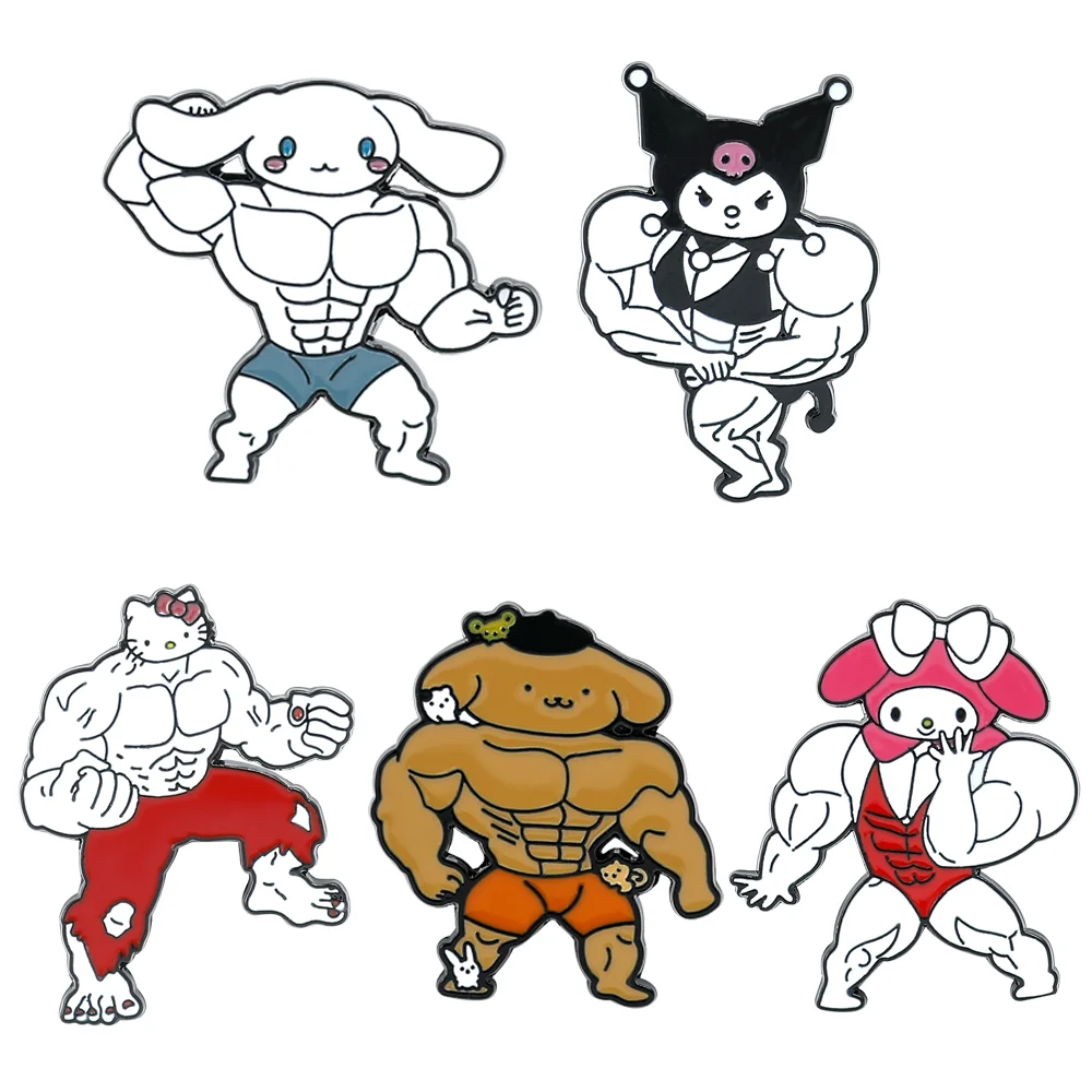 Anime Figure Enamel Pin Cartoon Muscle Kitty Cat Kuromi Cinnamoroll Metal Badge Brooch Jacket Jeans Lapel Pin Cute Brooch Toys