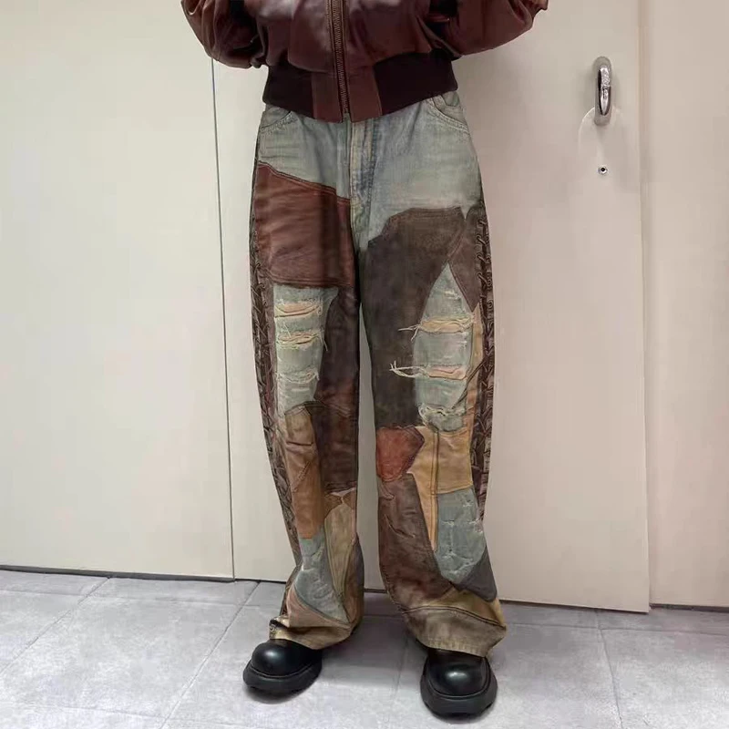 

Джинсы High Street Sle из акрила с эффектом пэчворк, 3D-цифровой печатью и дырками, прямого кроя, в стиле ретро, американские, широкие брюки