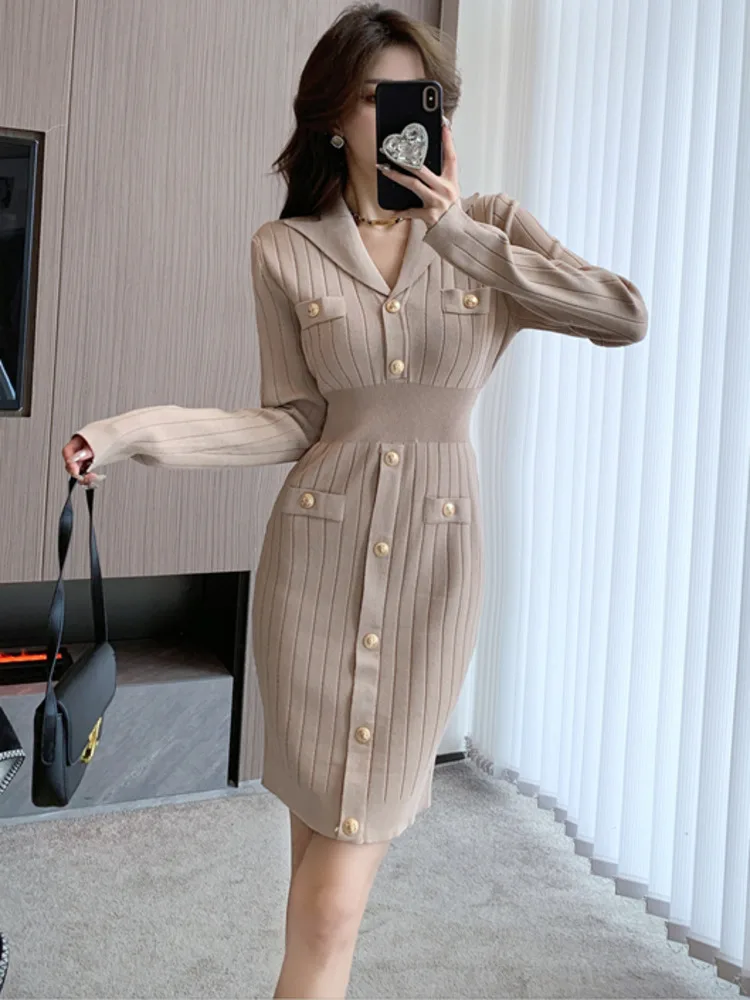 Women Clothing Knitting Skirt Autumn Winter Thin Slim Temperament Screw Thread V-neck Long Sleeve Pullovers French Retro Dresses