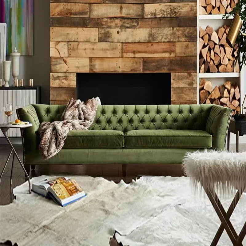 

Fabric sofa, French size apartment living room three-person dark green simple light luxury buckle solid wood