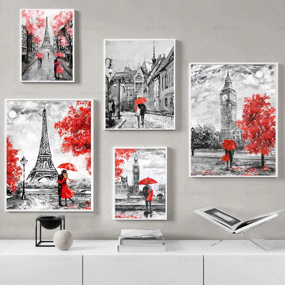 Fashion London Paris Tower Poster Black White Red Landscape Print Travel Wall Art Canvas Painting Picture Living Room Home Decor