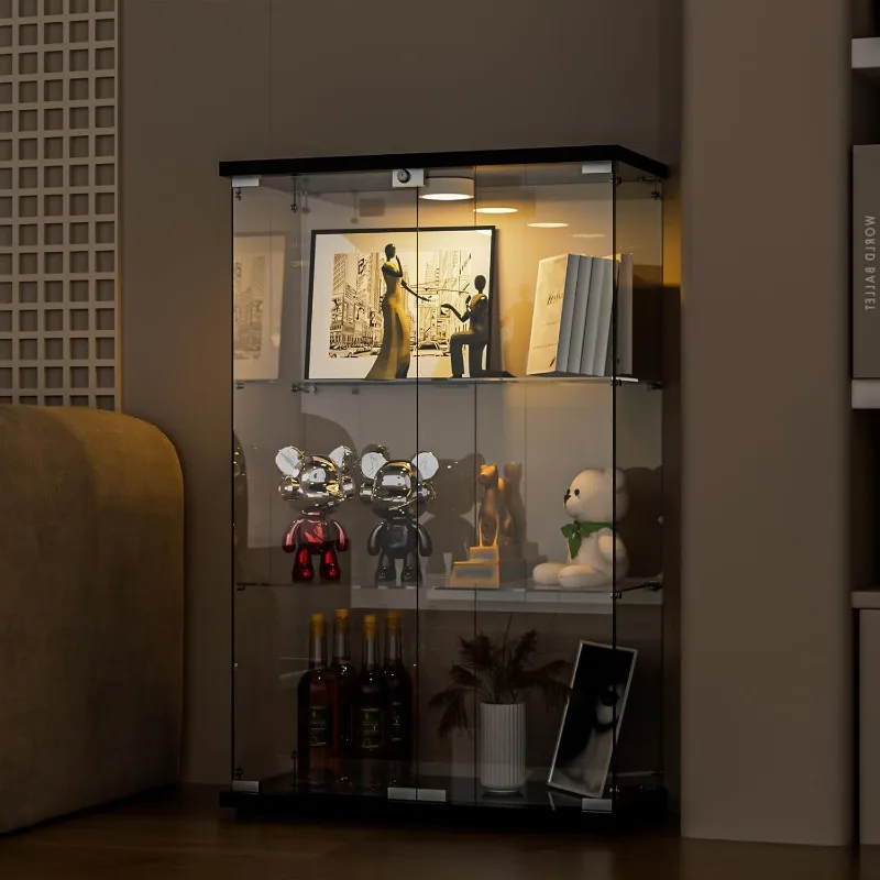 Vetrina in vetro con luce LED, 2 ante e serratura, armadietto per curiosità a 3 ripiani in stile ad installazione rapida Vetro temperato da 5 mm B