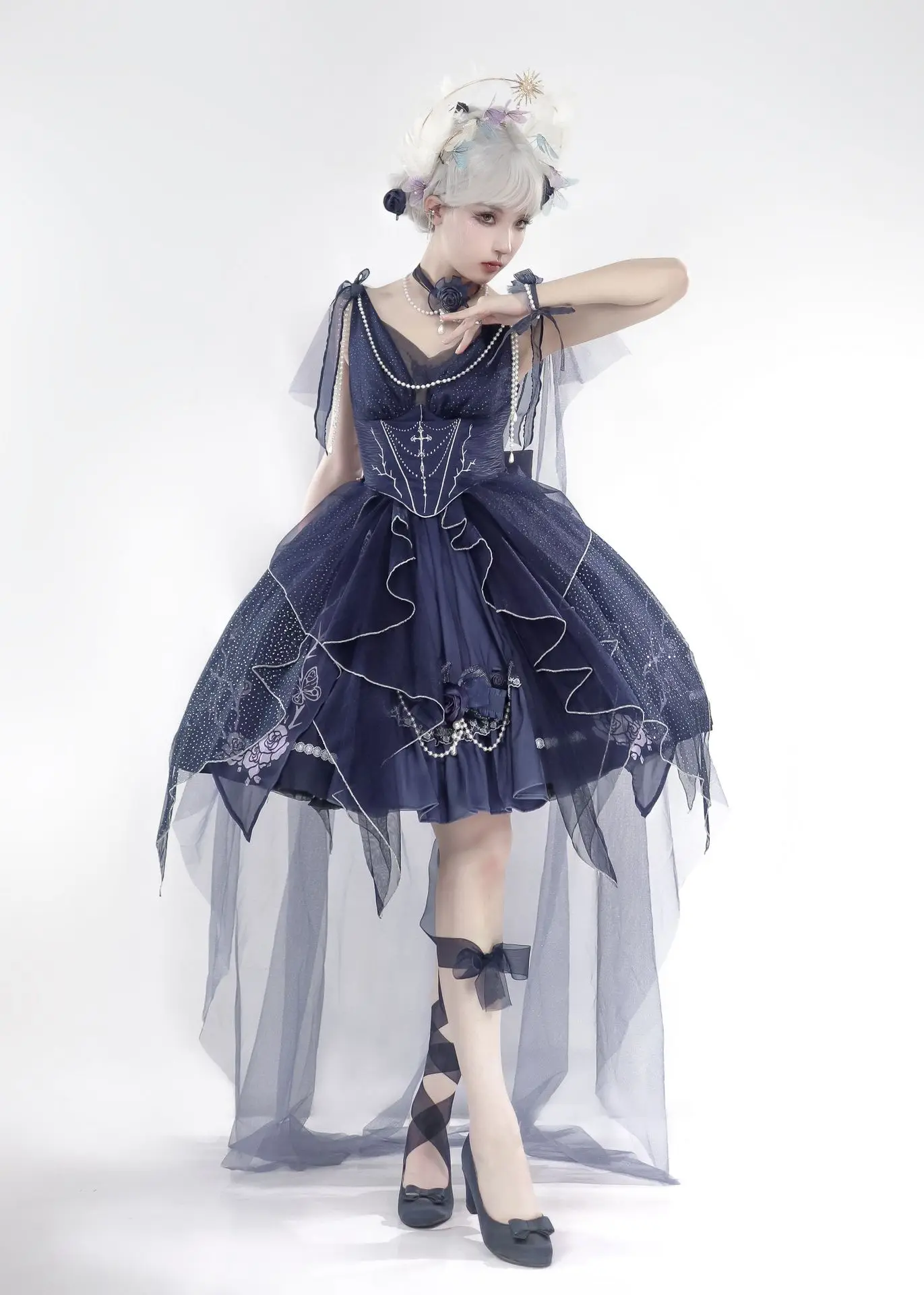 Lolita Dresses Women Kawaii Victorian Gothic Pearl Jumper Skirt Girls Princess Blue Dress Summer Japanese Cosplay Costume Dress