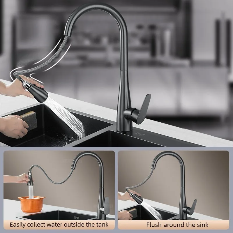 Installation of All-Copper Kitchen Hot and Cold Faucets Pull-Out Universal Rotatable Retractable Sink Special Vegetable Basin