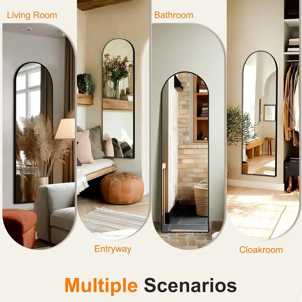 56-Zoll hoher gewölbter Wandspiegel mit Aluminiumrahmen für die Inneneinrichtung – Schwarz