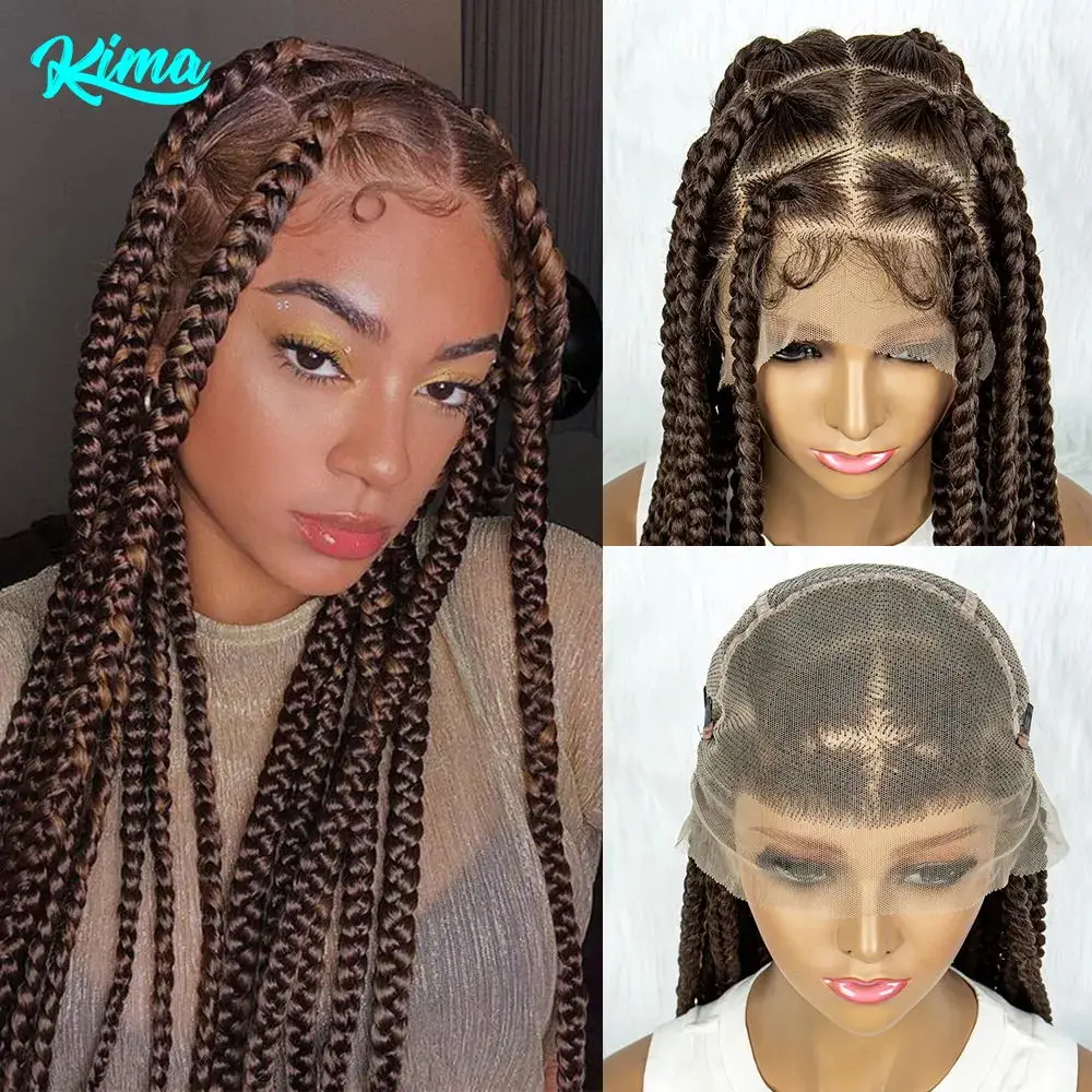 

HD Transparent Full Lace Braided Wigs for Black Women Synthetic Lace Front Wig Square Knotless Box Braids Wig Brown Color