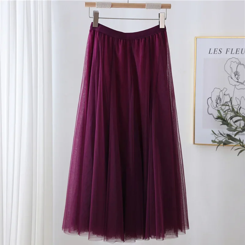 Hot Women Mesh Elastic Tutu Skirt Beach Spring Summer Korean High Waist Fashion Pleated Long Skirt Black White Tulle Skirts