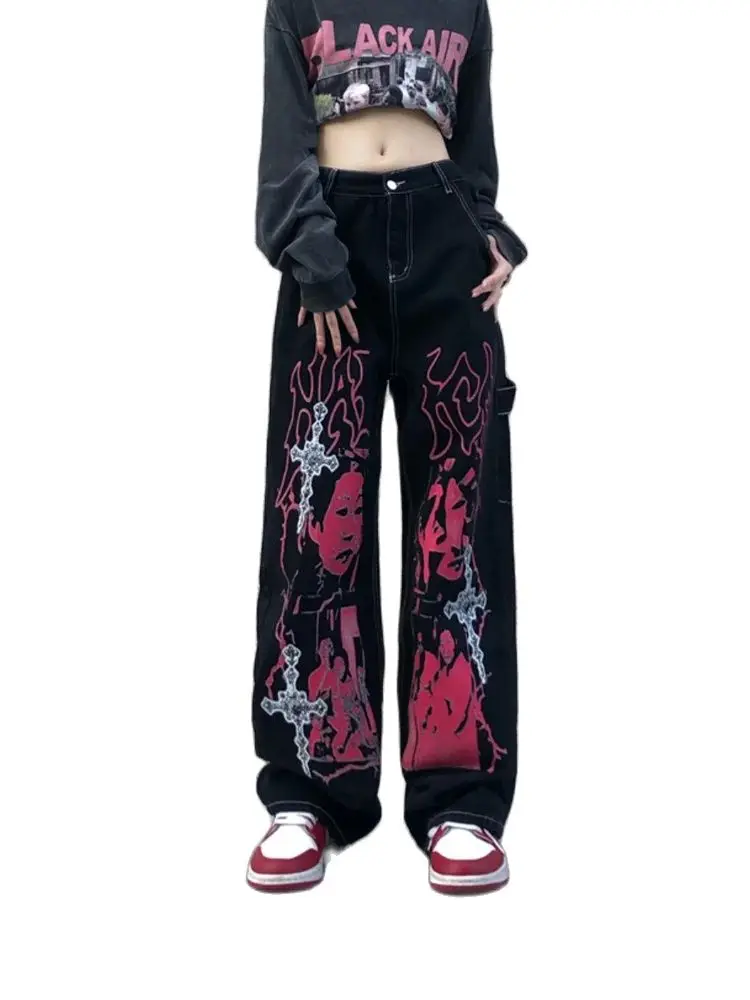 

Anivia Jeans Y2K Harajuku Hip Hop Lucky Cross Print Baggy Jeans Men Women New Gothic High Waist Wide Leg Trousers Streetwear