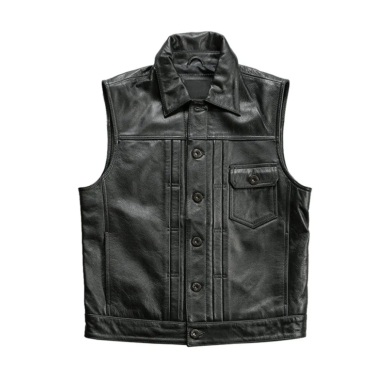 

2024 New Spring Autumn Genuine Leather Vest Men's Cowhide Mens Real Brown Black Slim Fit Waistcoat Bikers single-breasted Vests