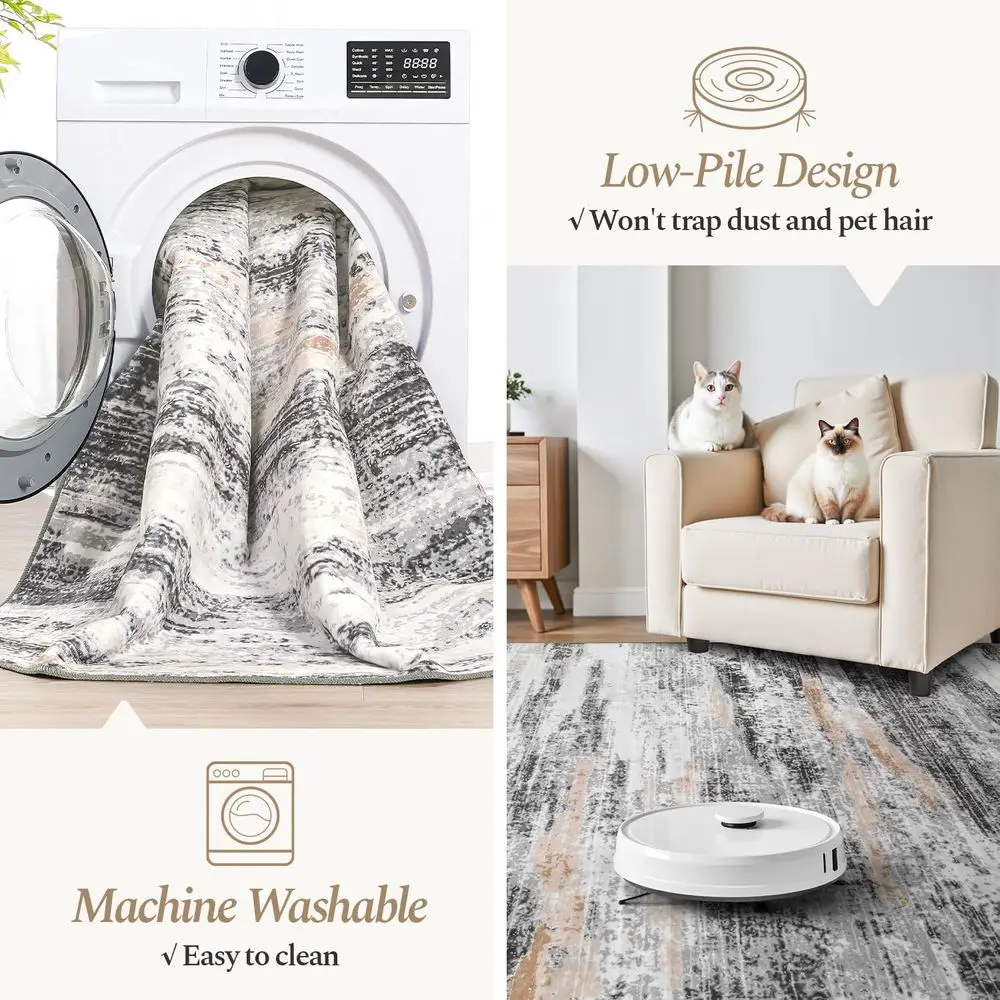 Large 8x10 Area Rug - Abstract, Washable, Soft Low Pile, Non-Slip, Stain-Resistant, Neutral Beige-Grey for Living Spaces