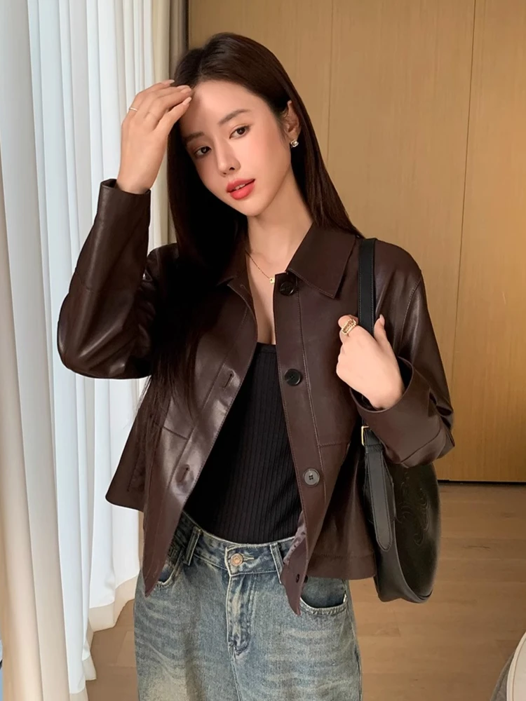 Vintage Genuine Leather Cropped Jacket for Women Spring Autumn 2025 New High-end Simple Single Breasted Soft Real Sheepskin Coat