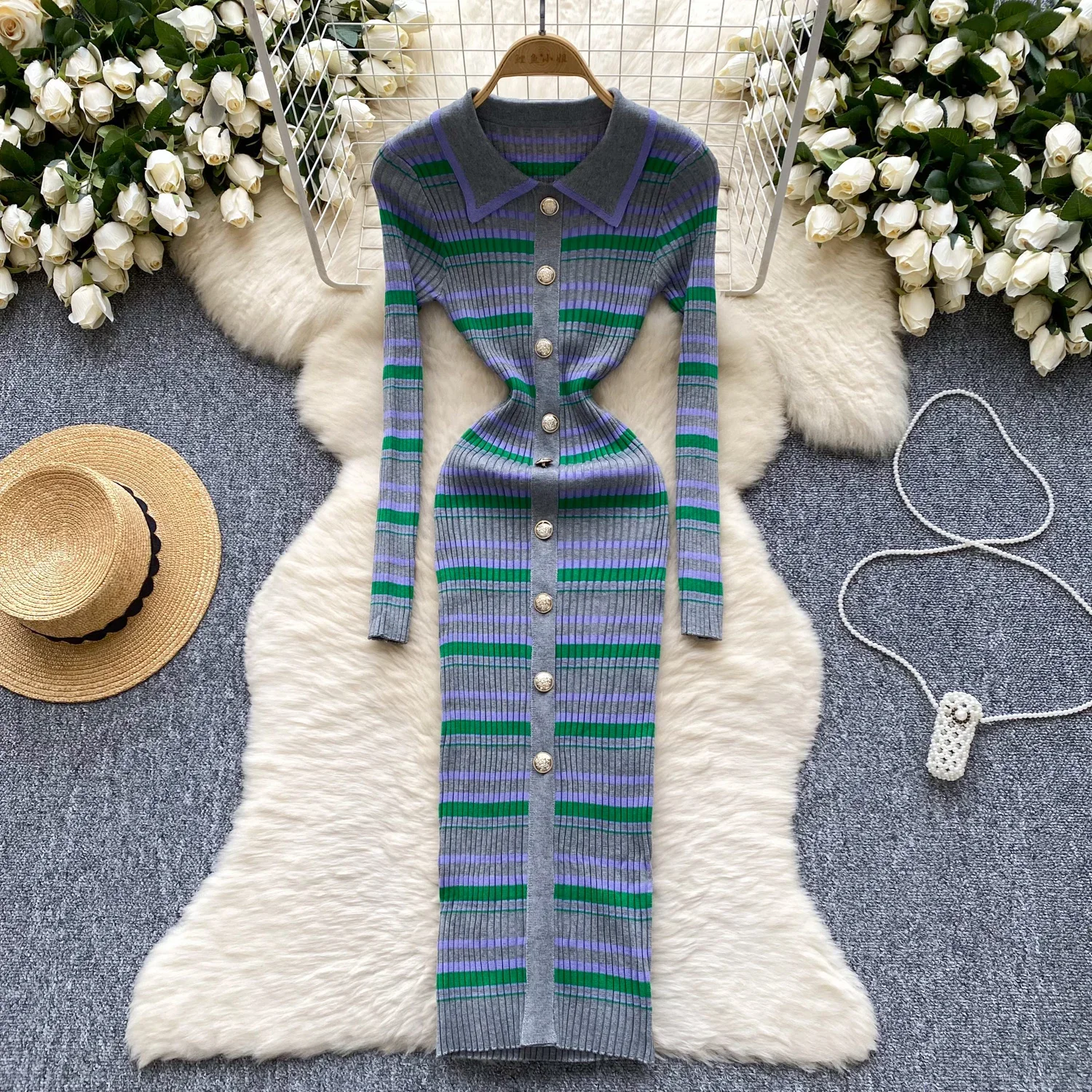 Vintage Turn-down Collar Elegant Long Sleeve Chic Striped Slim Single Breasted Knit Dresses High Street Autumn Winter Clothing