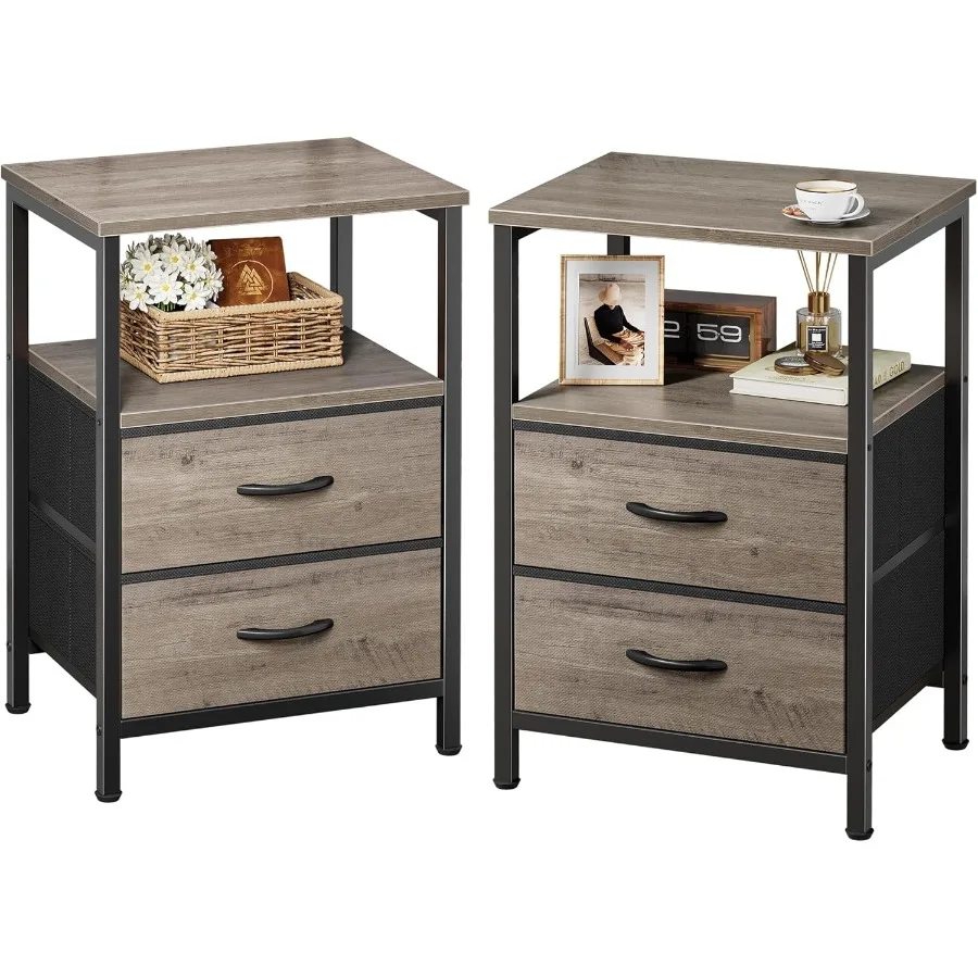 

Set of 2 Nightstands with 2 Drawers and Open Shelf Wooden Top End Table with Fabric Drawers and Oak Wooden Print Surface Ideal