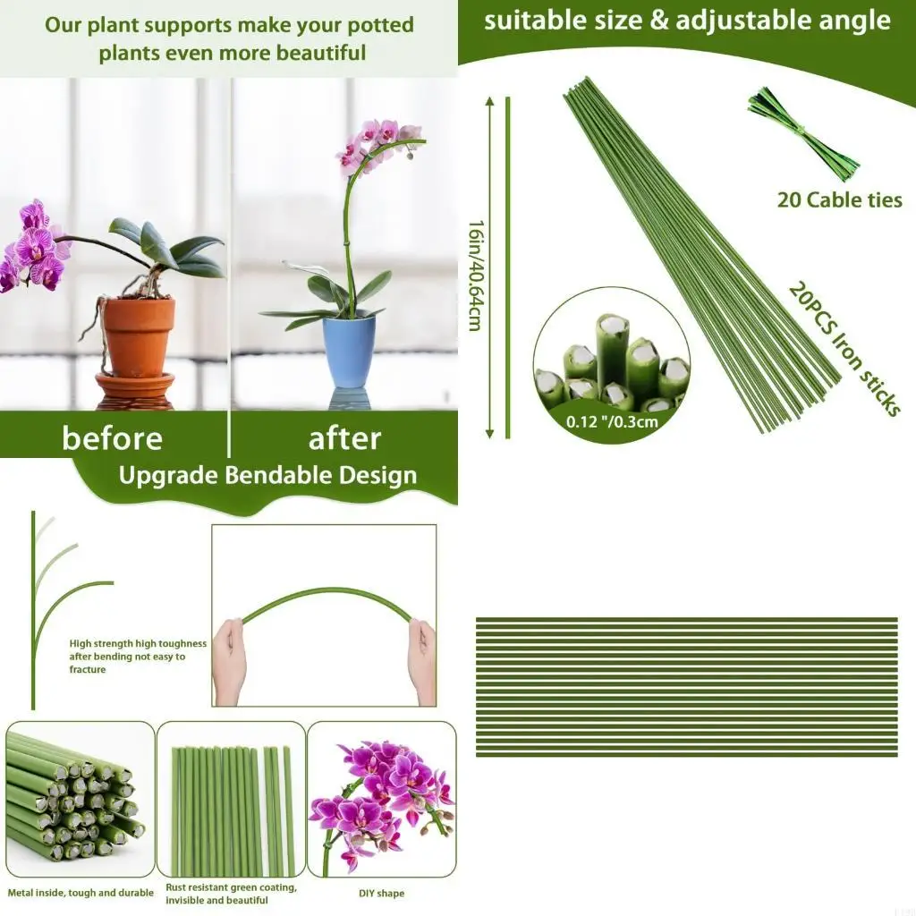

F19B 20x Flexible Green Plant Stakes For Supporting Various Flowers