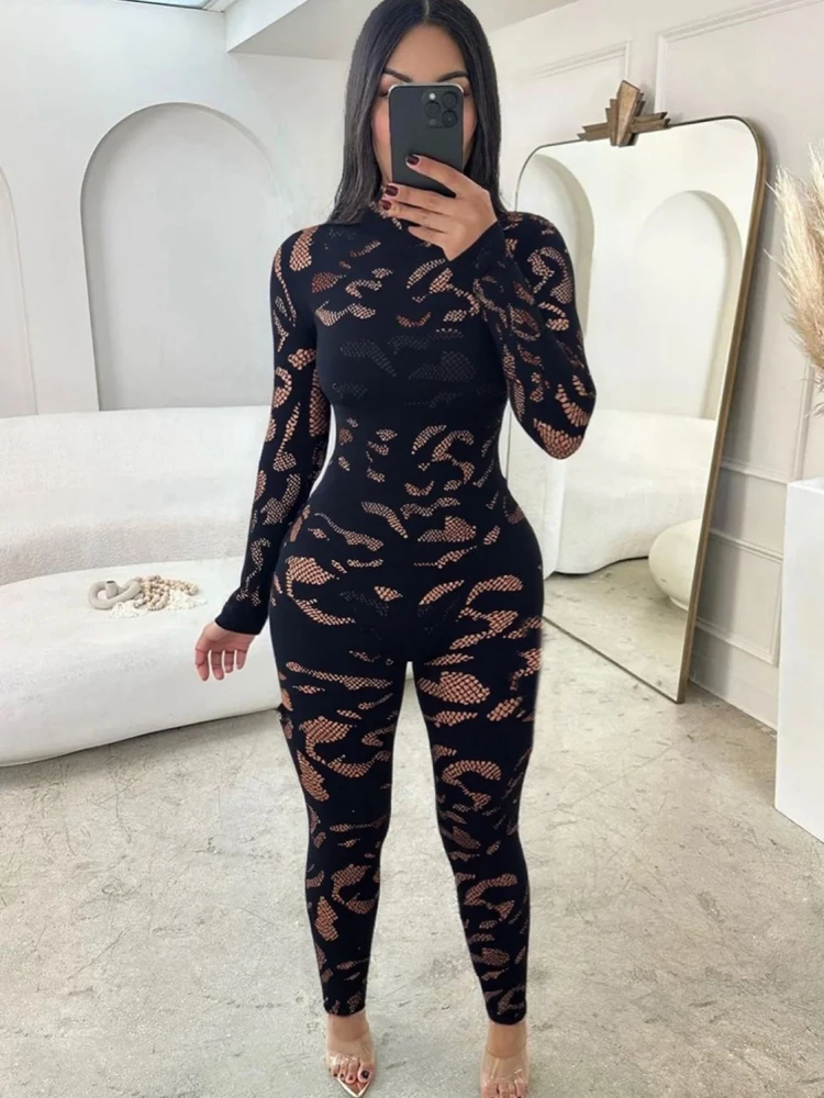 

Body Suit Jumpsuit Sexy Black One Piece Long Sleeves Leggings Rompers Lace See Through Hollow Out Night Club Wear Women Clothes
