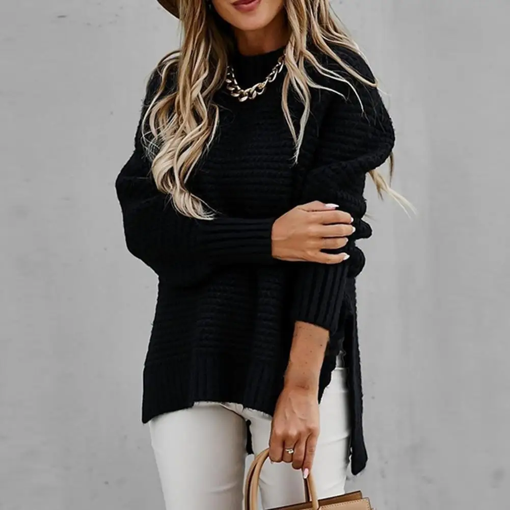 Women Sweaters Knitted Loose Solid Pullovers Regular Full Sleeve Thick Splice Jumpers Round Neck Casual Top 2024 Autumn Winter