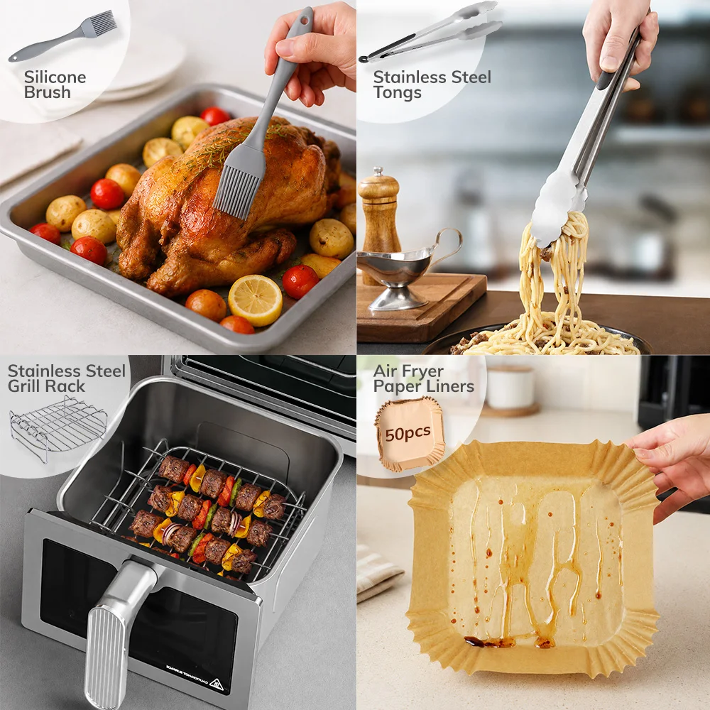 Air Fryer Accessories Set, 50‑Pcs Disposable Paper Liners, Stainless Steel Multi‑Layer Rack, Silicone Basting Brush & Food Tongs