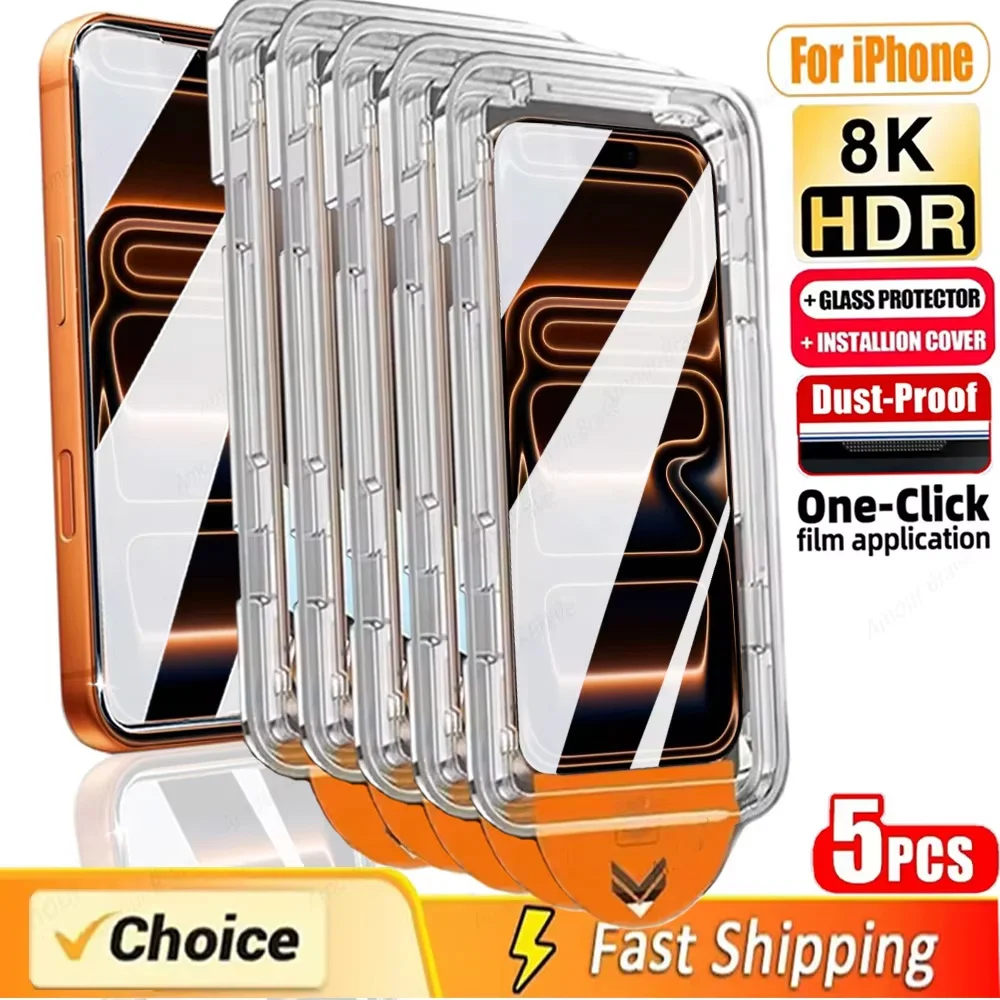 1-5Pcs HD Screen Protectors For iPhone 16 Pro Max 18 17 15 14 Plus 13 12 16e 11 X XR XS Air 8 Tempered Glass Easy Install Glass
