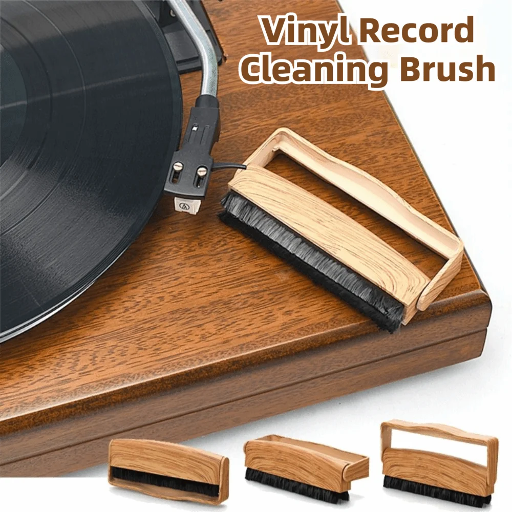 Wood Grain Handle Vinyl Record Cleaning Brush Soft Bristle Gentle Phonograph Record Cleaner Tool Comfortable Grip Safe Compact