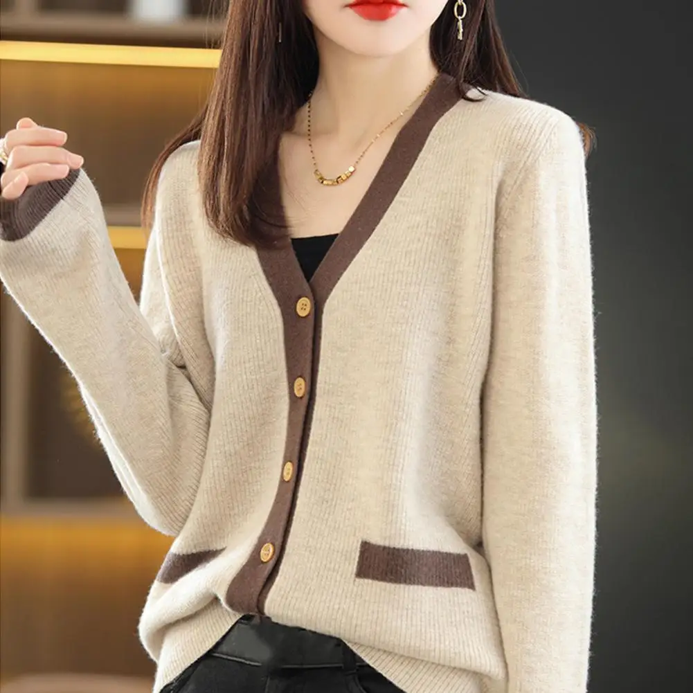 

Knitted Sweater Jacket Women's Knitted V-neck Sweater Coat for Fall Spring Soft Warm Color Matching Casual Single-breasted Long