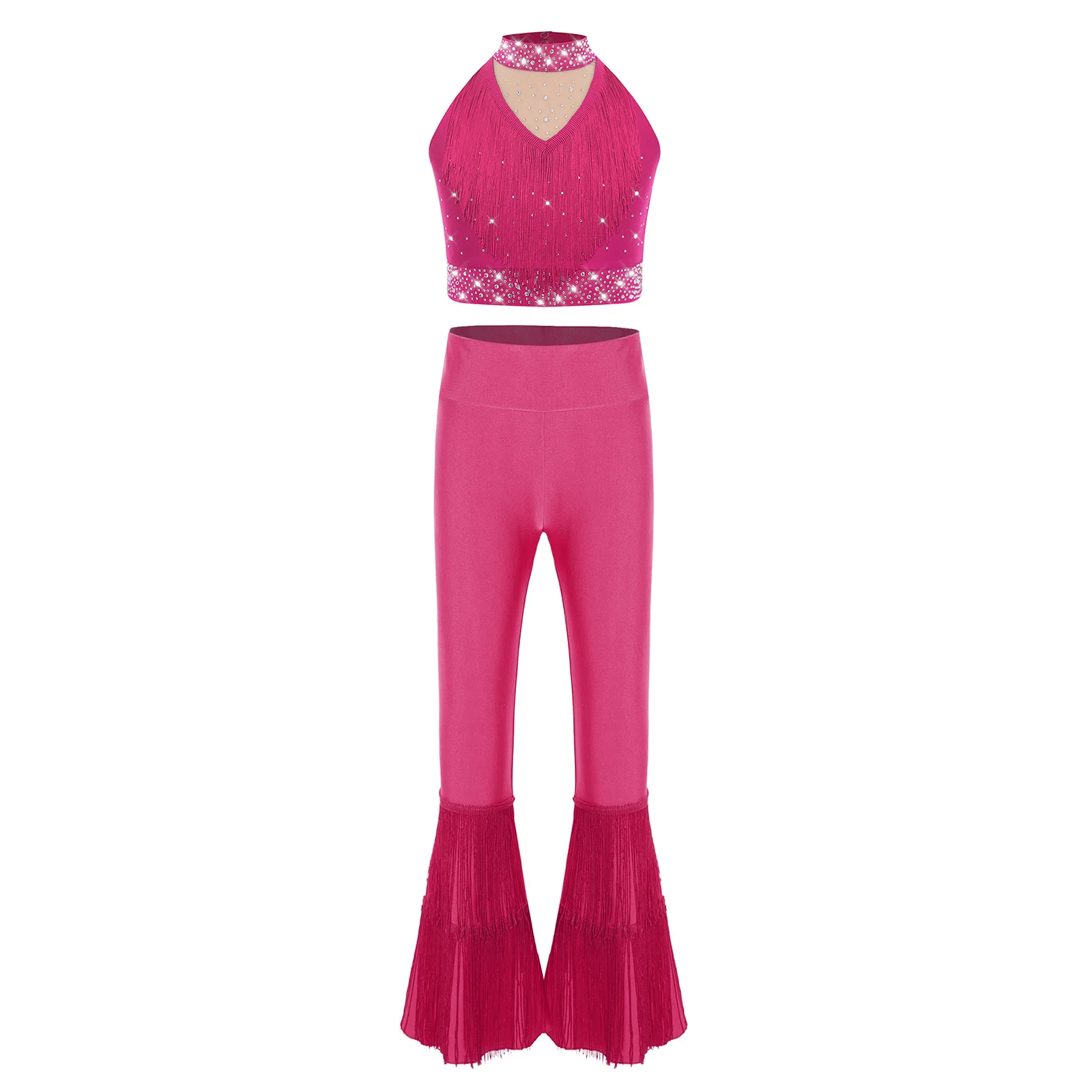 

Kids Girls Latin Dance Outfit Sleeveless Rhinestones Dance Vest+Tassel Bell-Bottom Pants Sets Ballroom Rumba Samba Dance Costume