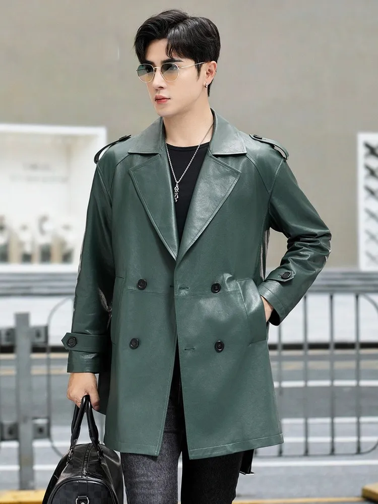 Top Quality Mens Mid Long Double Breasted 100% Real Sheepskin Trench Coat Autumn Belted Business Casual Genuine Leather Jacket