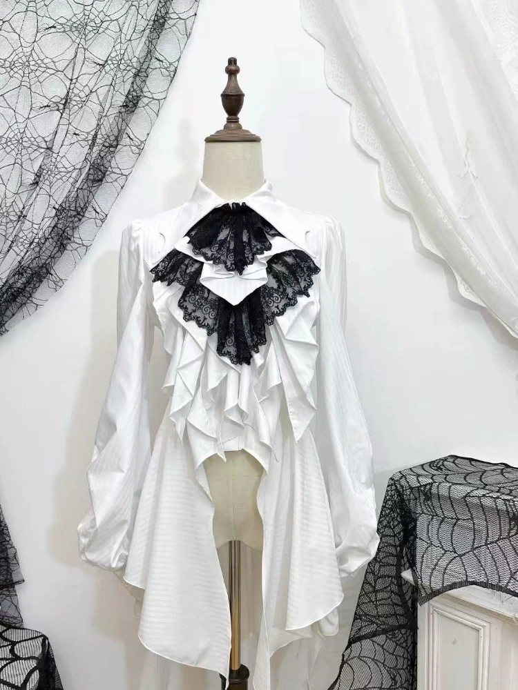 Japanese Vintage Lolita Layered Blouse Gothic Style Long Sleeve Y2k Retro Waist Tie Women Elegant Shirt Matching Outfits