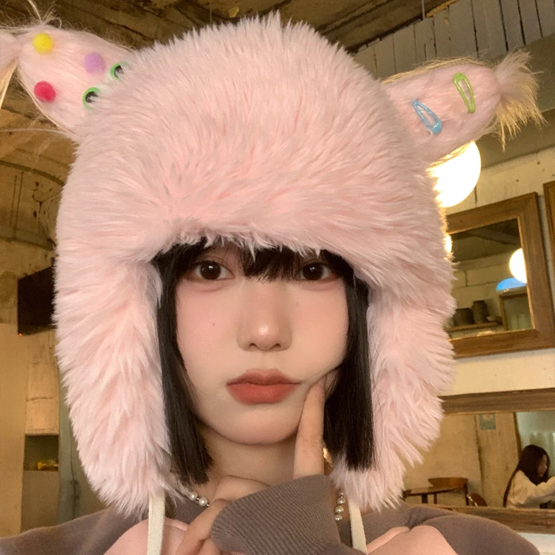 

Woolly Hat Woman Autumn and Winter Cute Ear Protection Lei Feng Hat with Wool Thickened Warm Hat