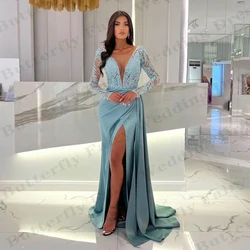 Sexy Evening Dresses Female Exquisite Lace Applique Elegant Deep V-neck Long Sleeved High Slit Mopping Party Prom Gowns New 2024