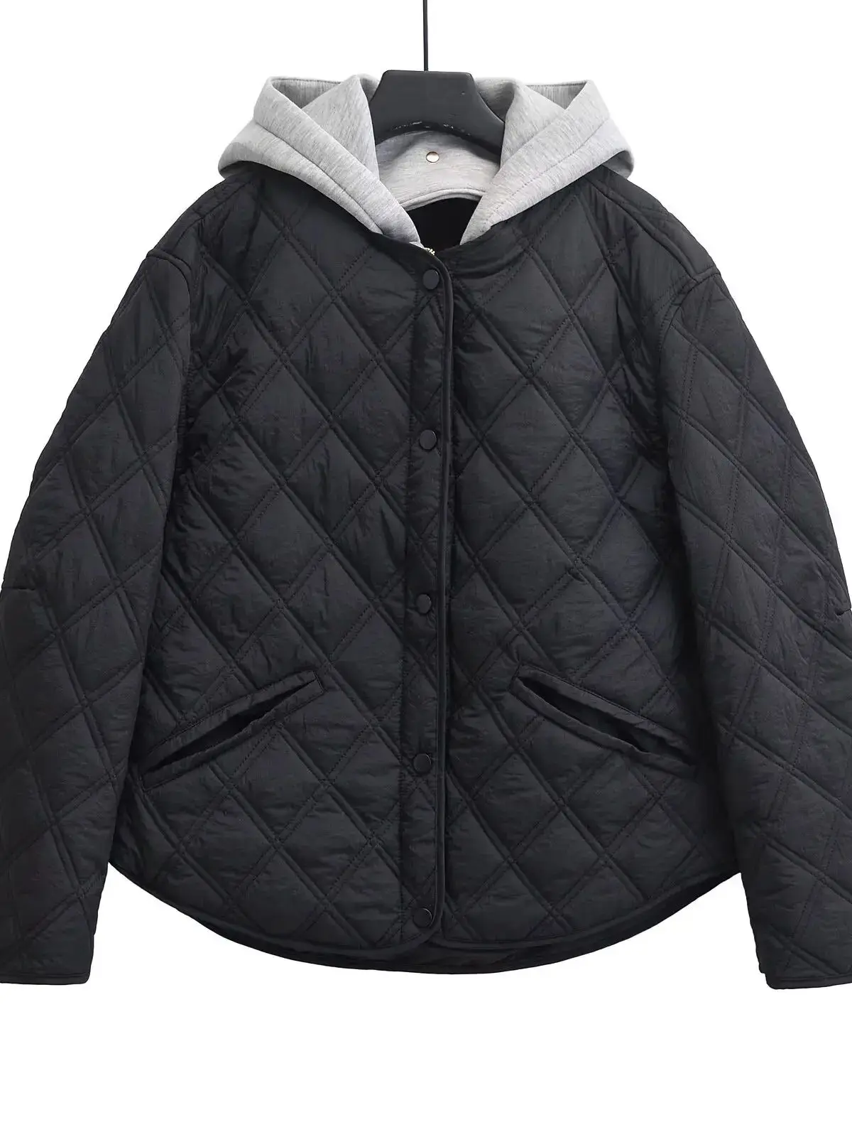 

2025 новые модные осенне-зимние женские повседневные однотонные черные стеганые пальто-бомберы с капюшоном, женские базовые стеганые свободные парки, куртки