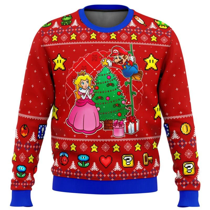

Christmas Ugly Sweater Mario Kart And Yoshi Game Snowflakes Christmas Tree Christmas Hat Creative Funny Personality Happy