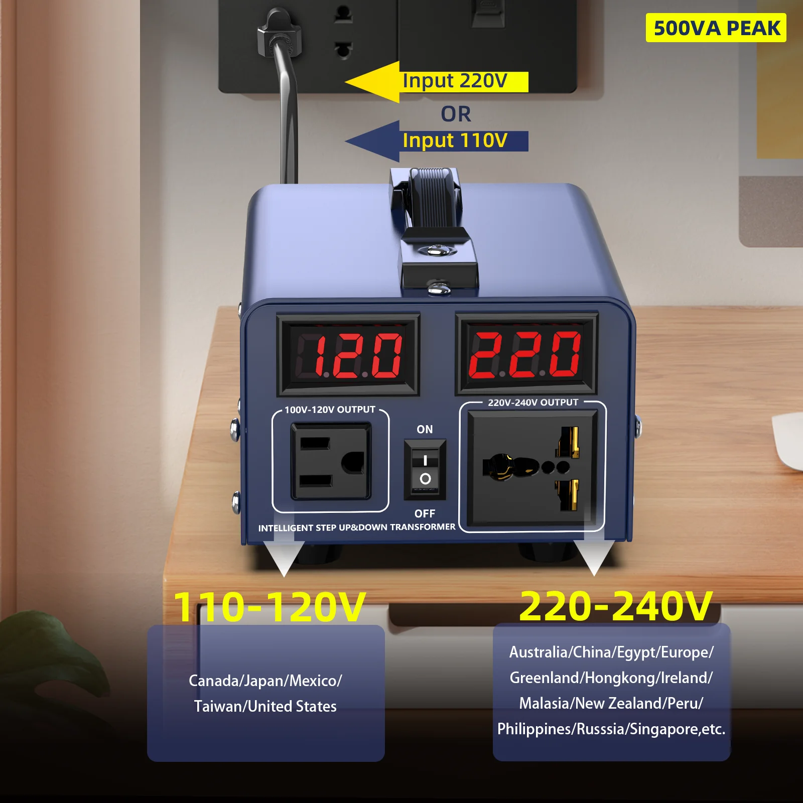 Voltage Converter Transformer, 500VA, Heavy Duty Step Up/Down Power Transformer, Convert from 110V to 220V and 220V to 110V, with EU Outlets, US Outlets, Power Cord, Circuit Breaker Protection for Traveling Camping view 5