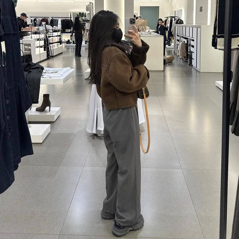 Autumn Winter New Women's Lamb Velvet Suede Marbled Fur Collar Jaet Coat Street Sle Straight Cut Regular Length Outerwear