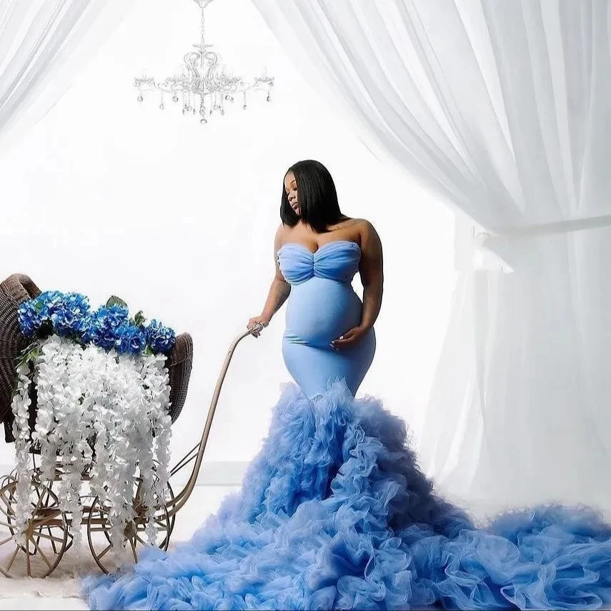 Niebieska słodka sukienka ciążowa dla sesja zdjęciowa z falbanami sukienka ciążowa syrenka damska suknia Babyshower vestido de novia
