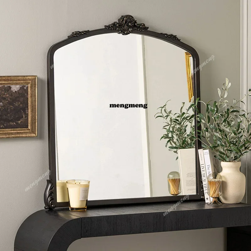 Hot sales Retro carved frame black wall-mounted mirror living room wall decorative mirror French light luxury makeup mirror entr