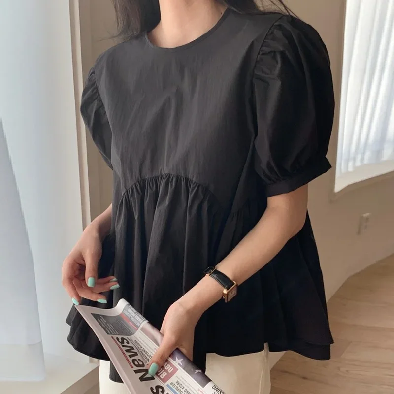 Korean Oversized Loose Women's Shirt Summer New Back Bandage Cotton White Blouses Women Casual Pleated Office Lady Tops 15483