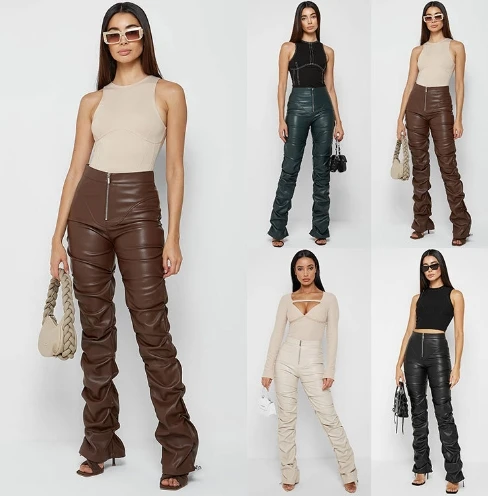 Trendy Women's Pants Street Fashion Pu Leather Pants Solid Color Button Zipper High Waist Elastic Tight Layered Pu Leather Pants