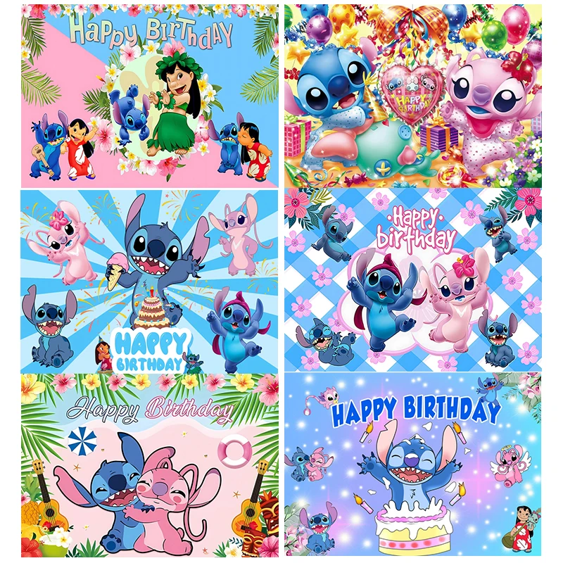 Disney Lilo Stitch Party Backdrops Children\'s Happy Birthday Decoration Photographic Background Decorations Custom Decor Banner