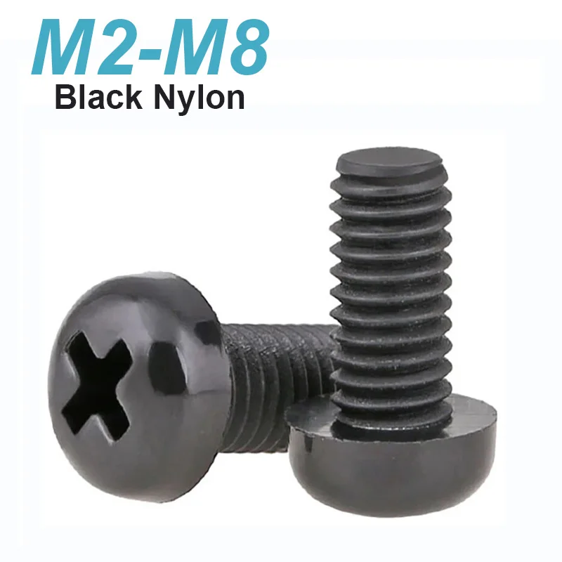 10~50pcs M2 M2.5 M3 M4 M5 M6 M8 Black Nylon Round Head Screws Plastic Insulated Cross Pan Head Round Screws Bolts