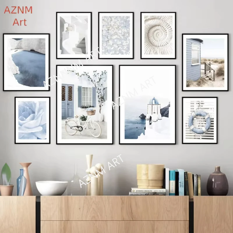 Arte de pared de estética minimalista moderno, rosa azul, Santorini, paso, océano, HD, póster impreso en lienzo, decoración del hogar y dormitorio, regalo, 1 ud.