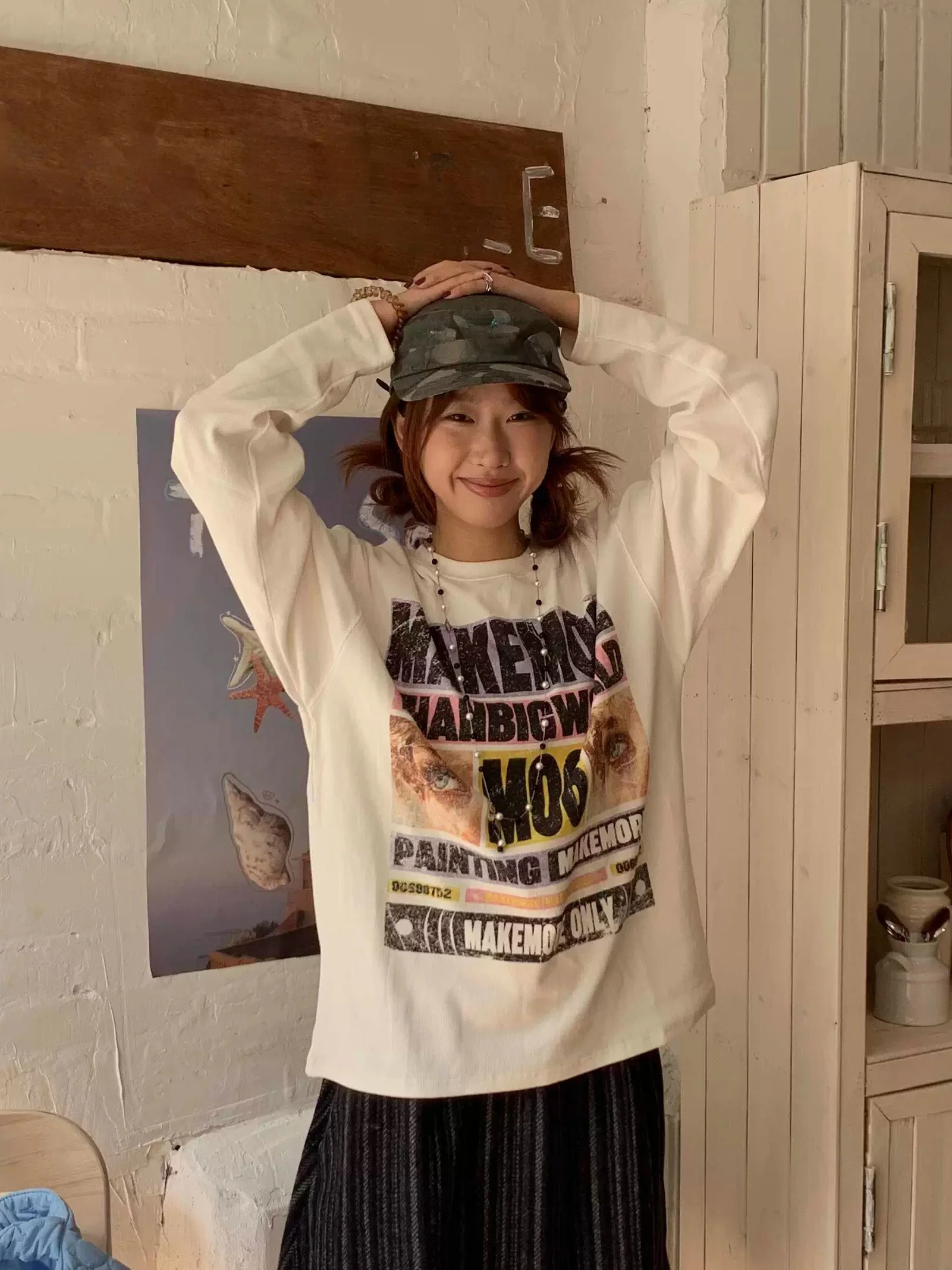 Bequemes langes Sve-Baumwoll-T-Shirt für Damen, lockere Passform, amerikanisches SLE-Retro-Portrait, Sterndruck, vielseitiges Freizeit-Top