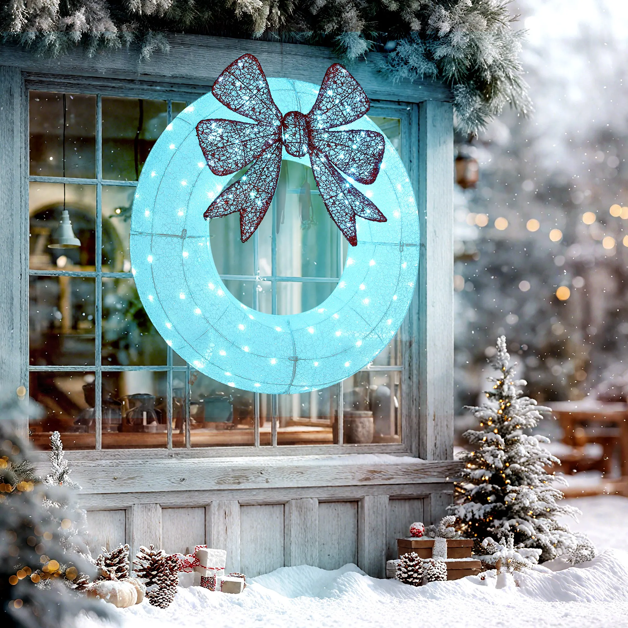 إكليل عيد الميلاد المضاء من Outsunny، ديكور للعطلات مع مصباح LED مزدوج اللون