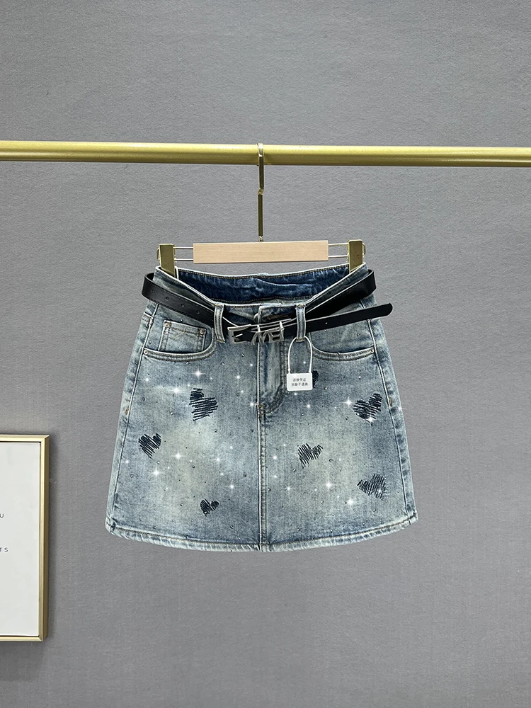 

Модные джинсовые шорты с высокой талией и стразами, облегающие, женские, лето 2024, юбка-трапеция, из смесового хлопка и полиэстера