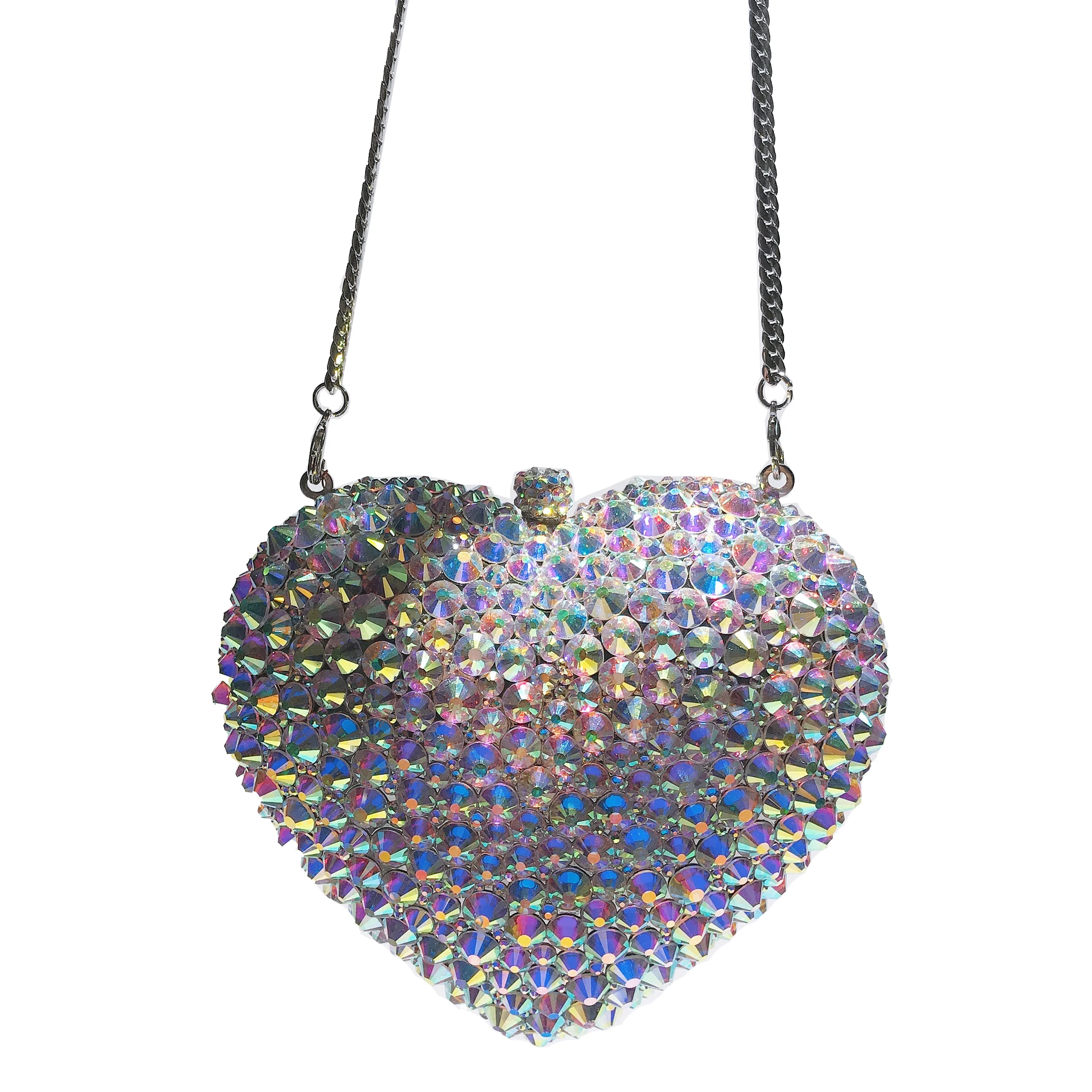 Factory Supply Love Heart Shape Handmade Diamond Chain Crystal Stone Wedding Dinner Portable Diamond Bag