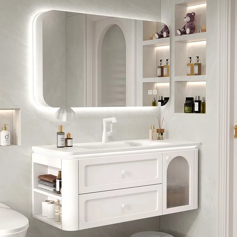 French cream bathroom cabinet combination rock slab hot bending integrated basin bathroom white hand wash face washstand set