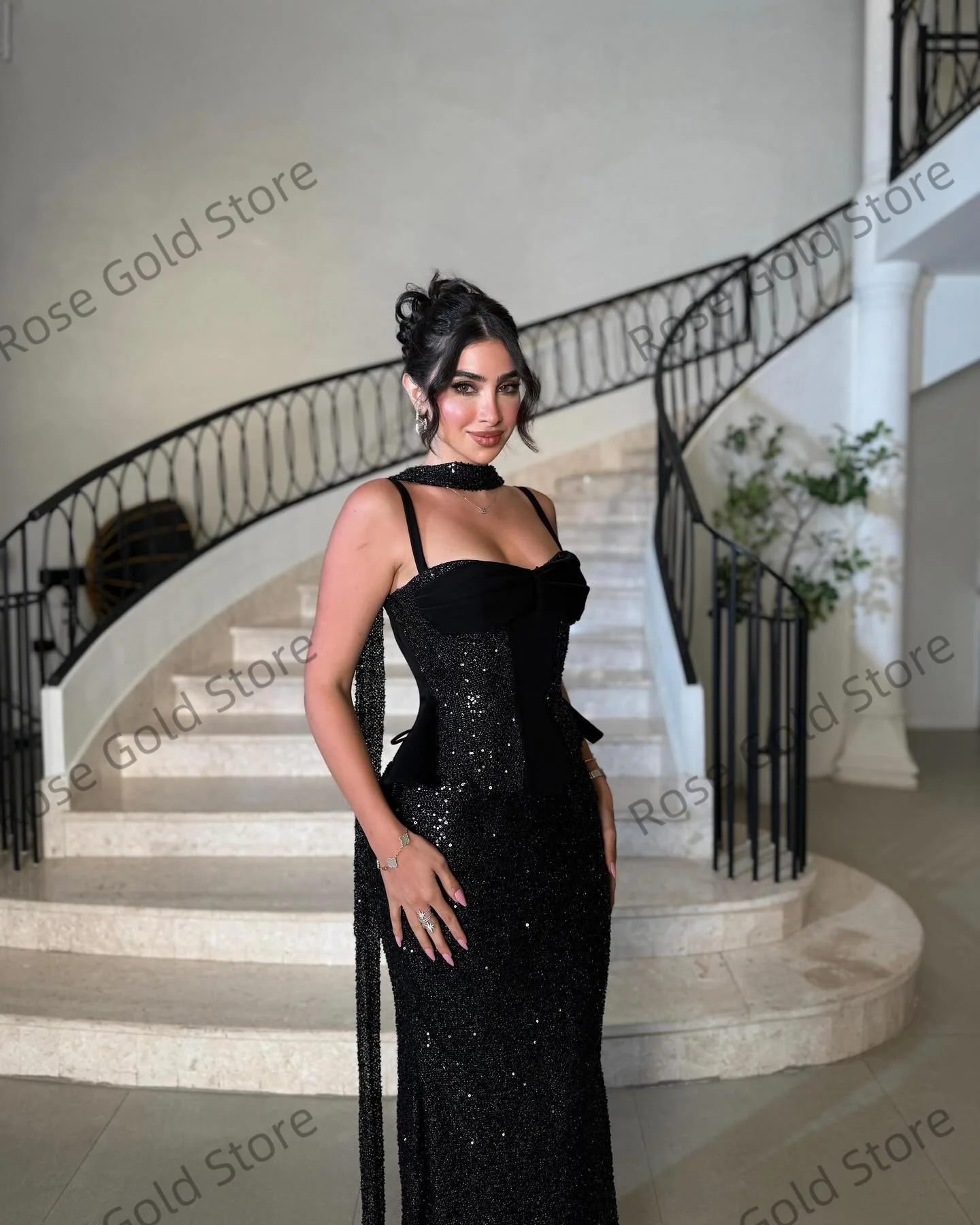فساتين حفلة موسيقية أنيقة بحورية البحر باللون الأسود على شكل قلب بدون أكمام عربية من فيستدوس دي فييستا لامعة بطول الأرض مخصصة #3